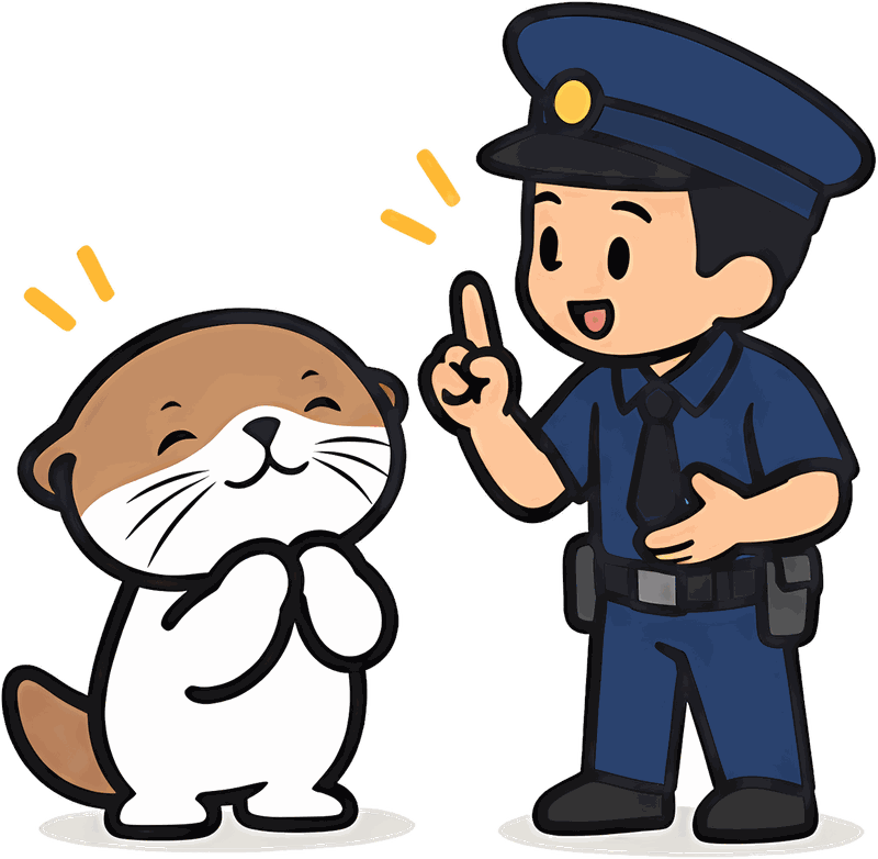 水獭吉祥物在街边听警察讲解，警察竖起一根手指提醒