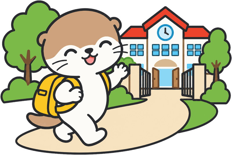 背着黄色大书包的小水獭挥着手，走向红屋顶的学校