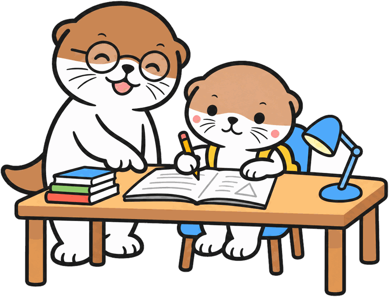 戴圆眼镜的水獭吉祥物在书桌旁指着练习本，给小水獭讲题